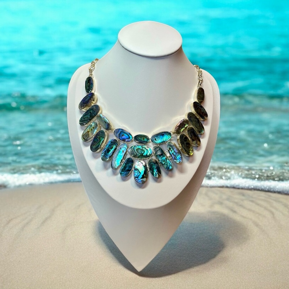 MAXIMALIST. 23-Piece 925 Silver Wrapped Abalone Necklace, 19” long.